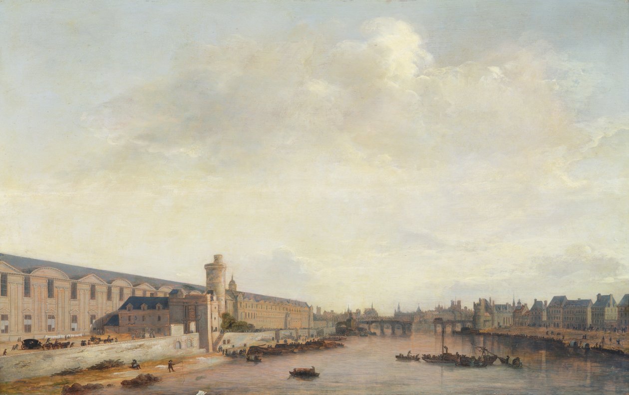 De Louvre Grande Galerie, uitzicht op Parijs vanaf de Barbierbrug door Abraham de Verwer