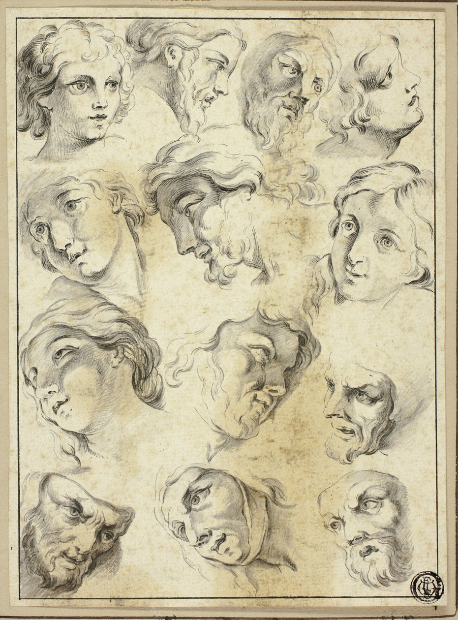 13 Schetsen van verschillende gezichten door Abraham Bloemaert