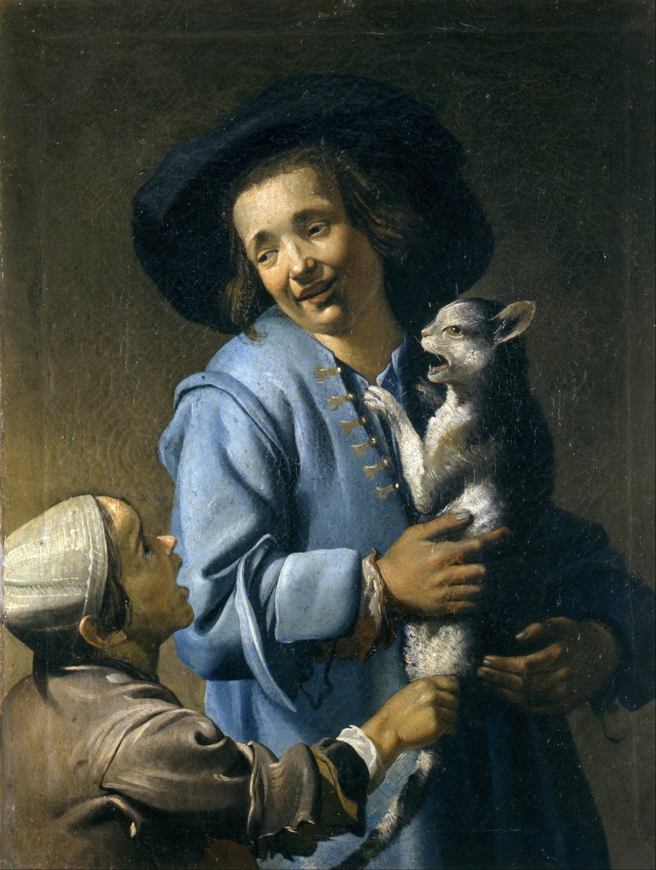 Jongeren spelen met de kat door Abraham Bloemaert