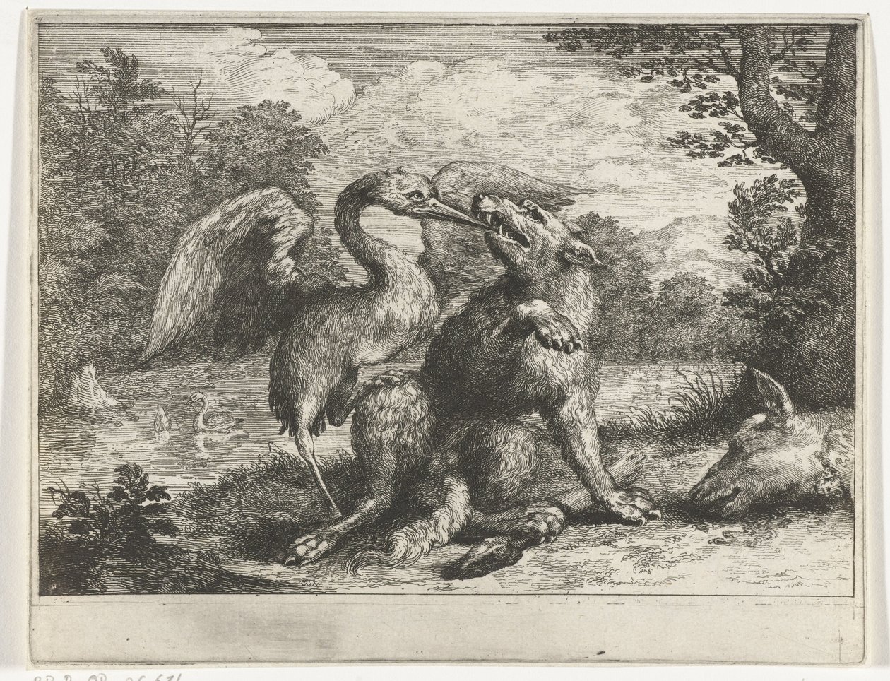 Wolf en kraanvogel door Abraham Bloteling