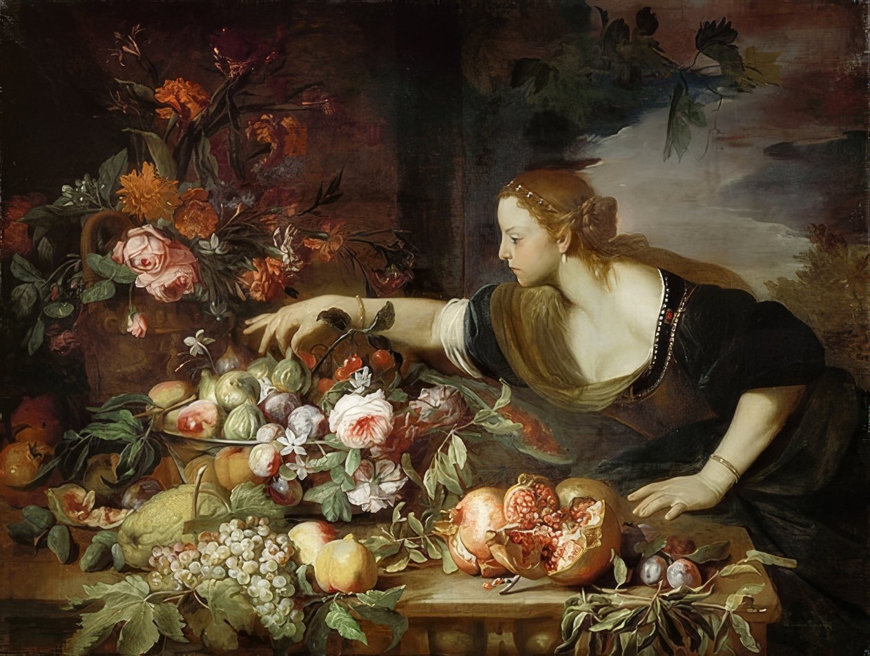 Vrouw met bloemen en fruit. 1669 door Abraham Brueghel