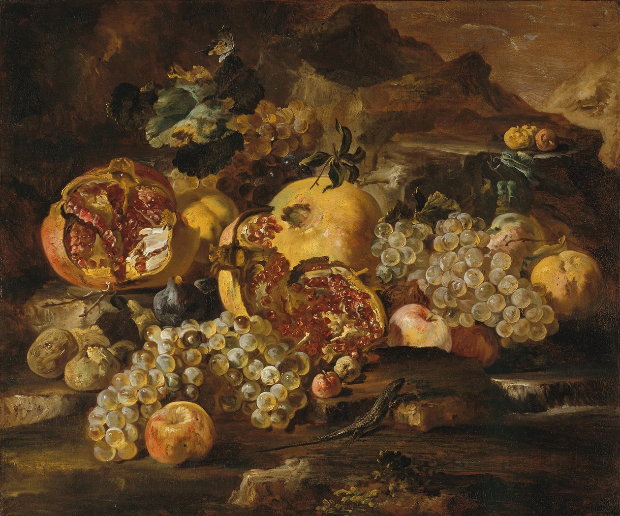 Granaatappels en ander fruit in een landschap door Abraham Brueghel