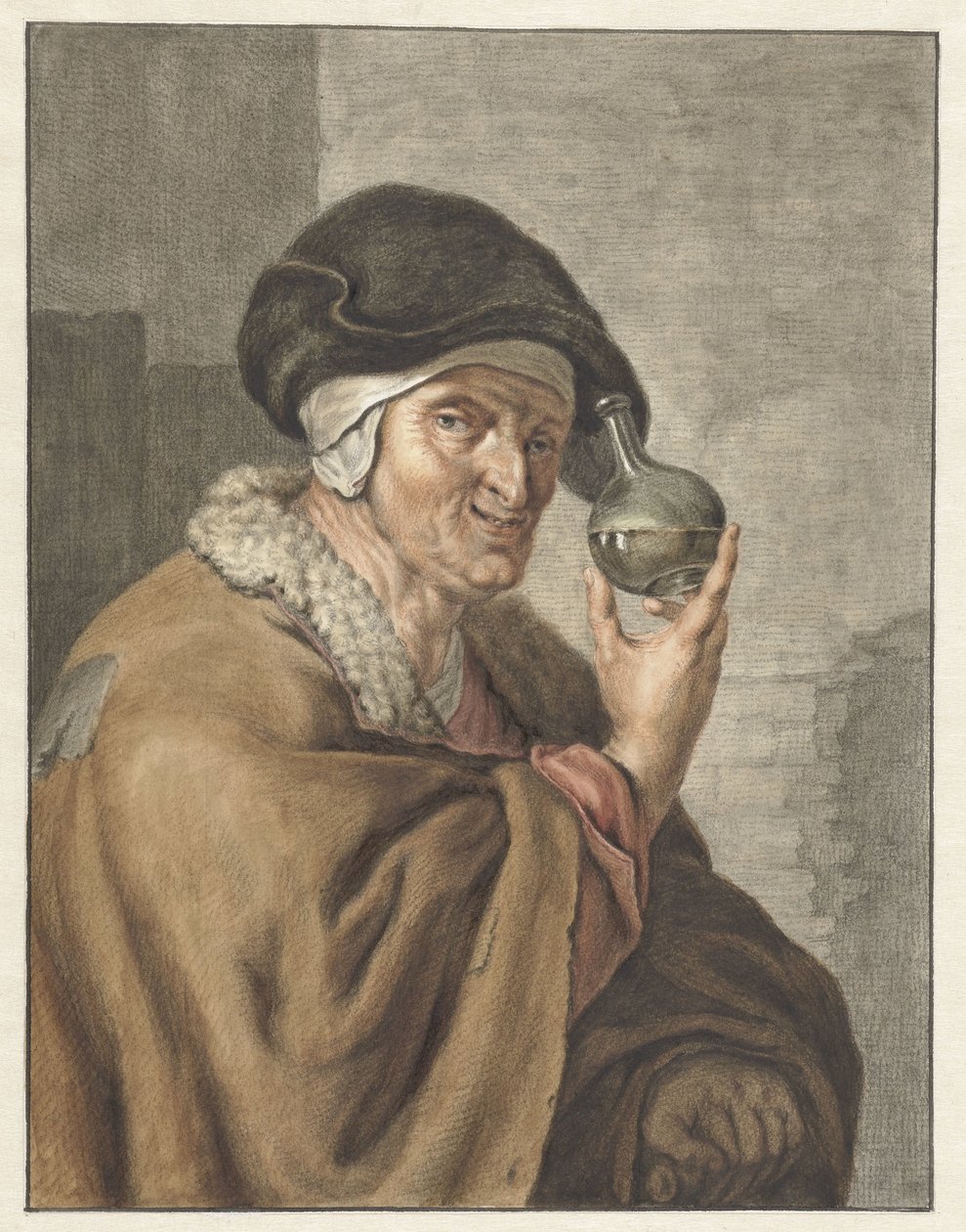 Oude vrouw met een urine-glas door Abraham Delfos