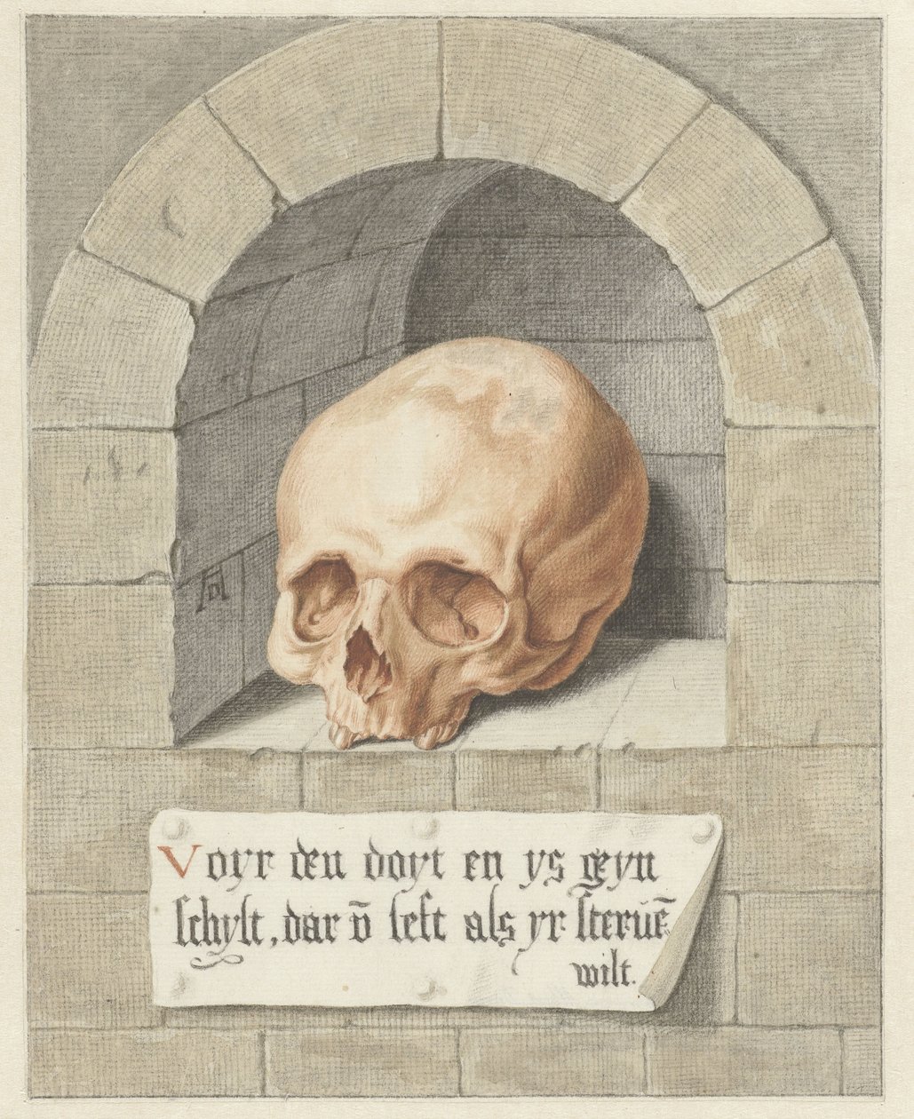 Schedel in een nis door Abraham Delfos