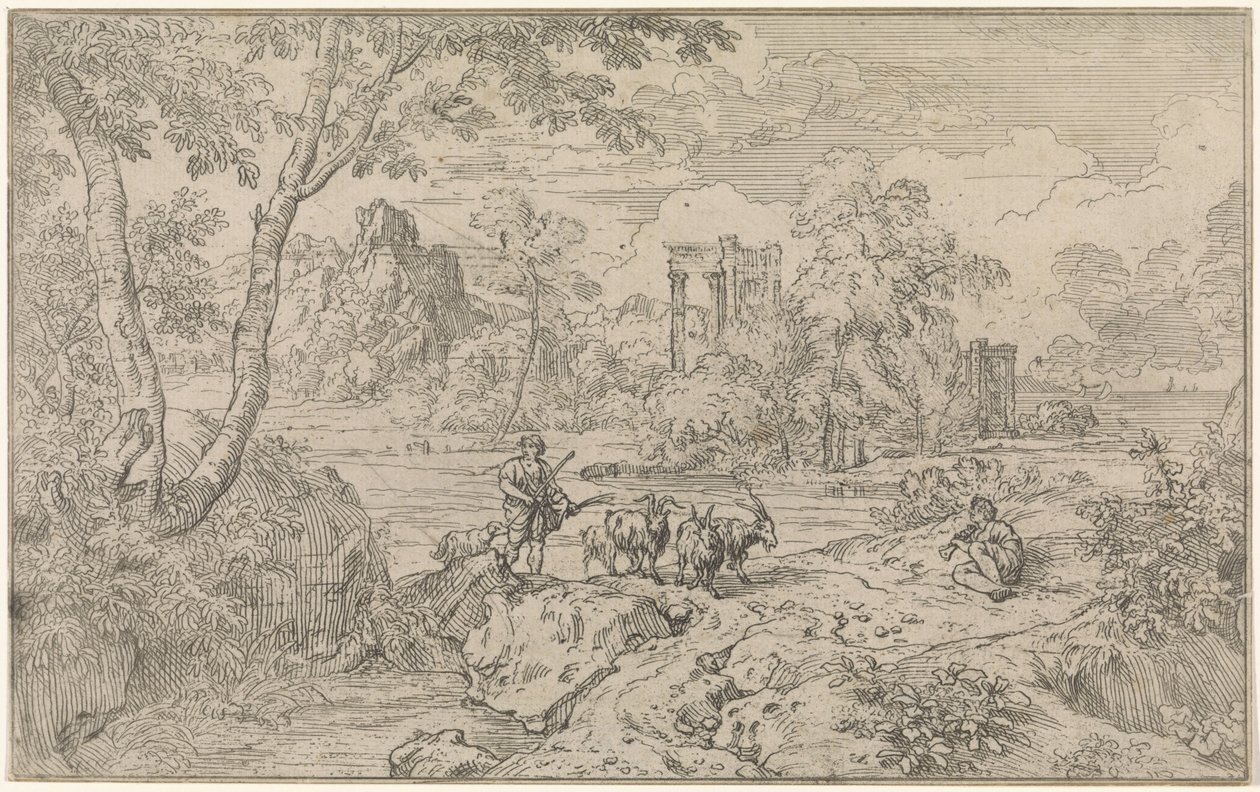 Arcadisch landschap met geitenhoeder door Abraham Genoels
