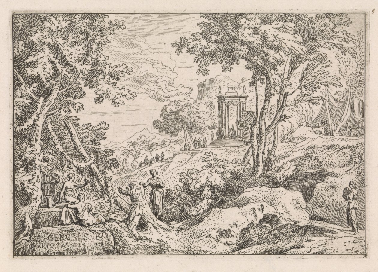 Landschap met tempel door Abraham Genoels