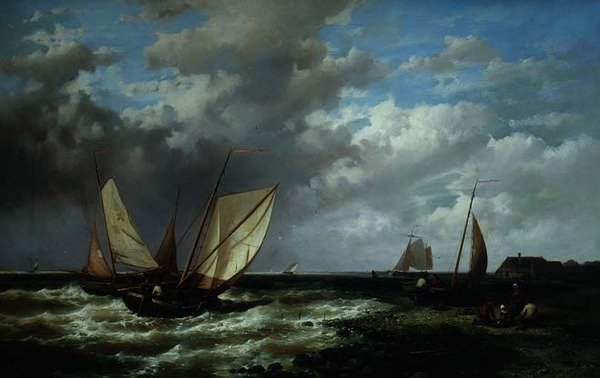 Kustlandschappen met vissersvaartuigen door Abraham Hulk