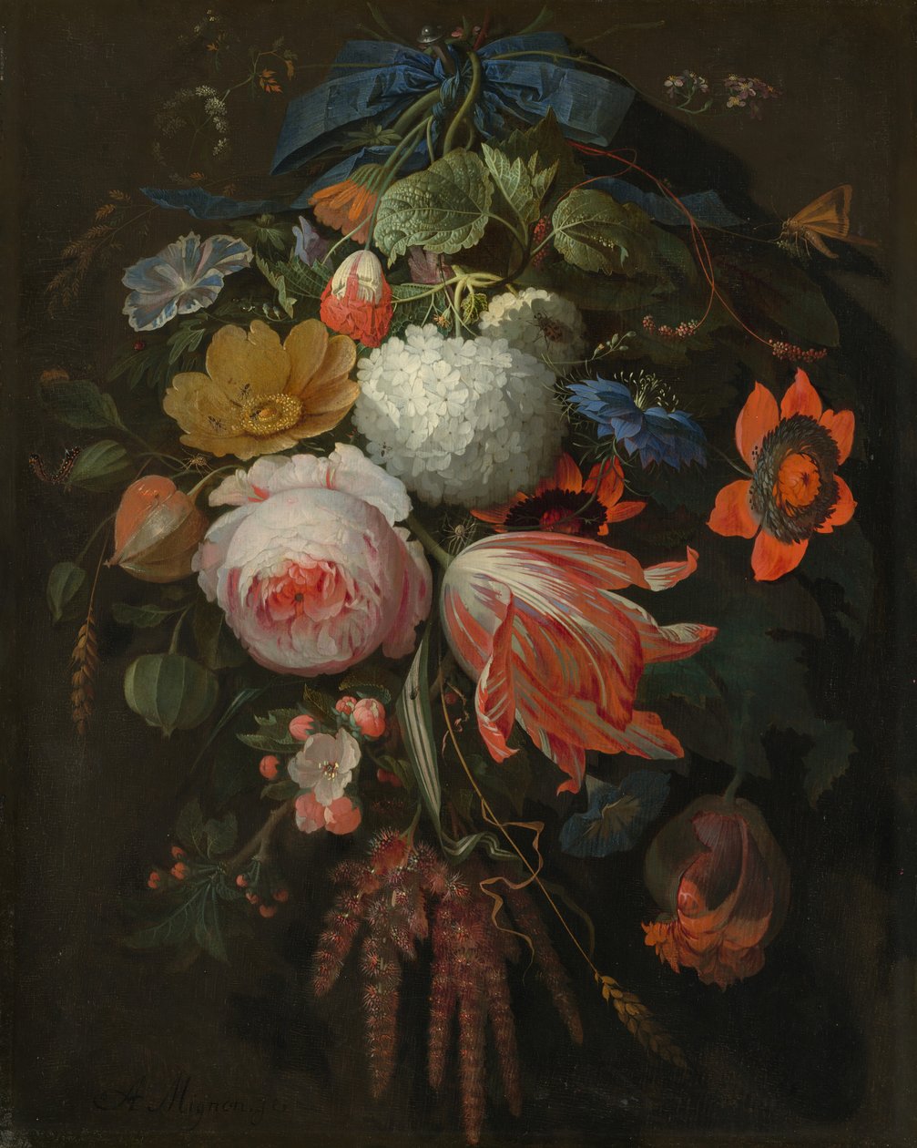 Een Hangend Boeket Bloemen door Abraham Mignon