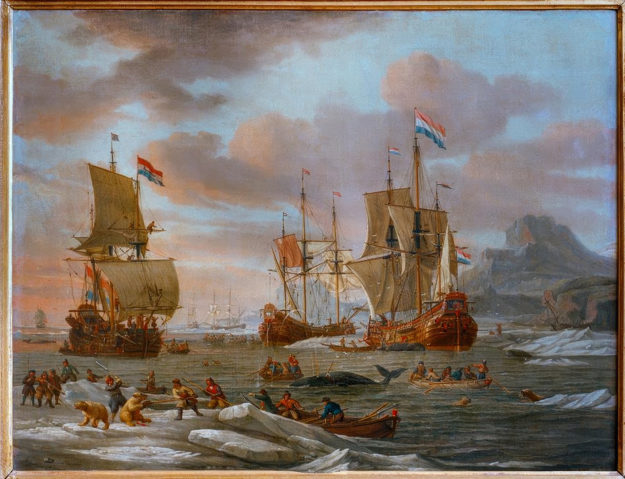 Nederlandse fluiten bij walvisvangst door Abraham Storck