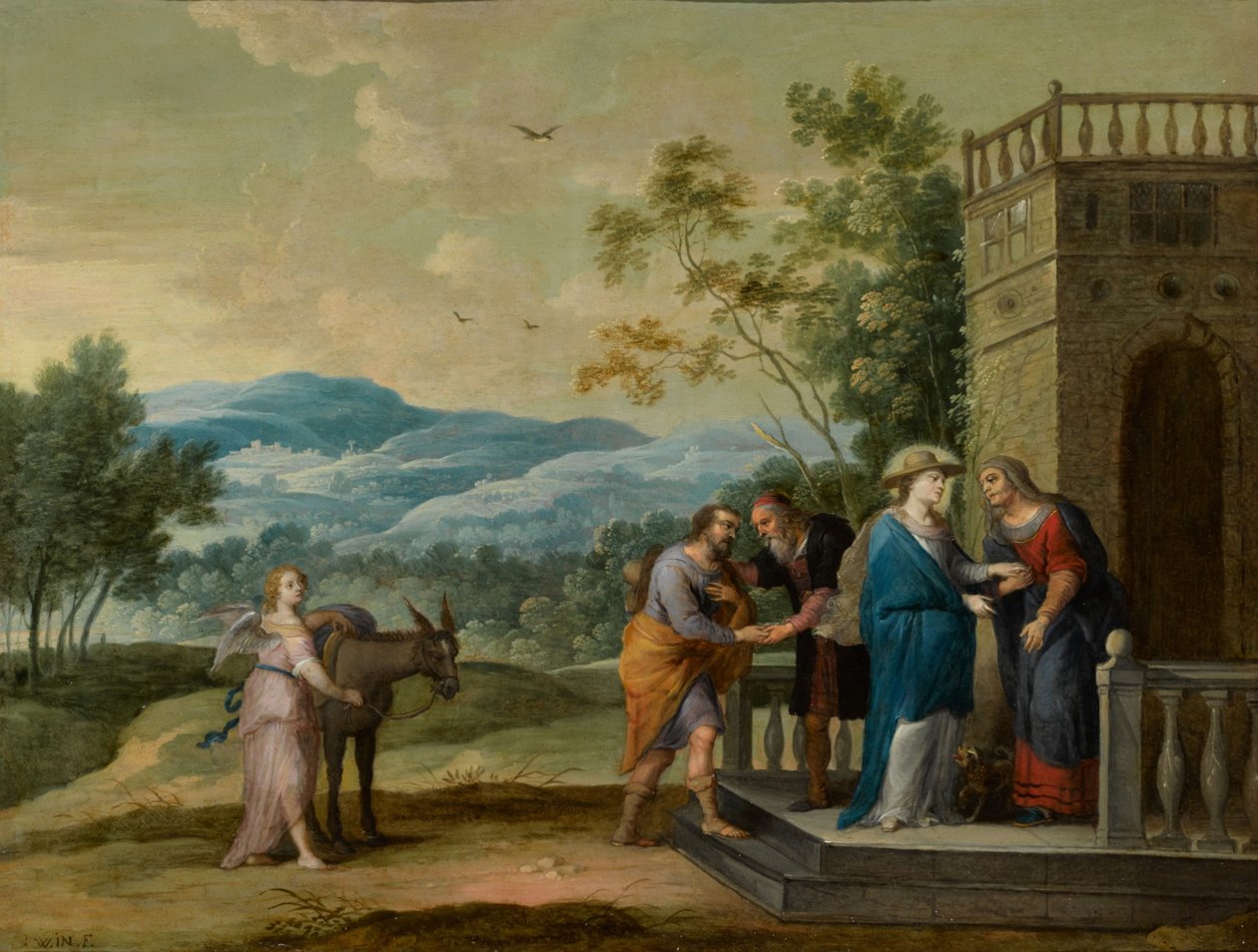 De Visitatie: Maria en Elisabeth schudden elkaar de hand door Abraham Willemsens