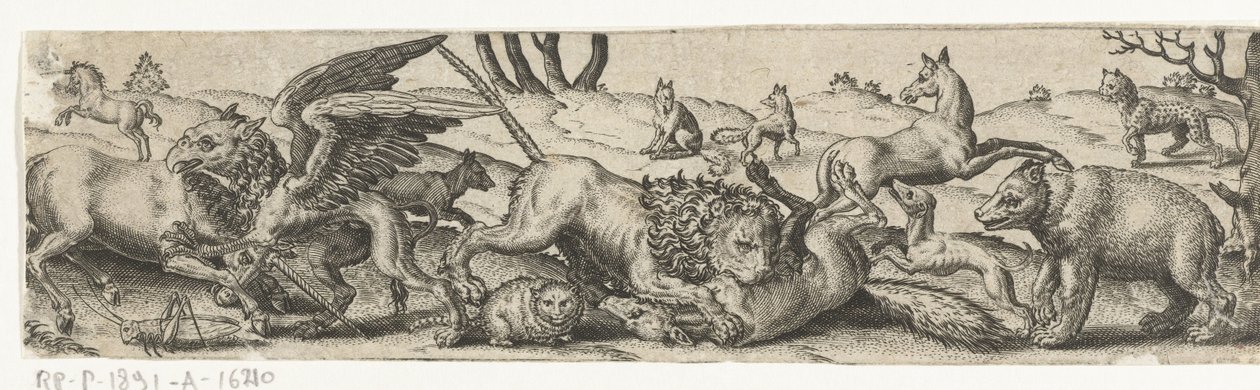 Vechtende dieren in een landschap door Abraham de Bruyn