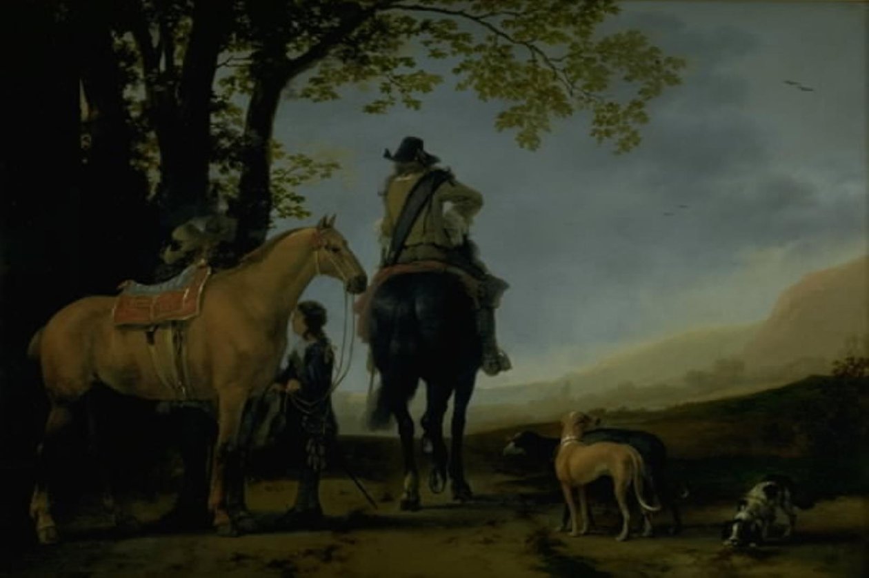 Twee ruiters in een landschap door Abraham van Calraet