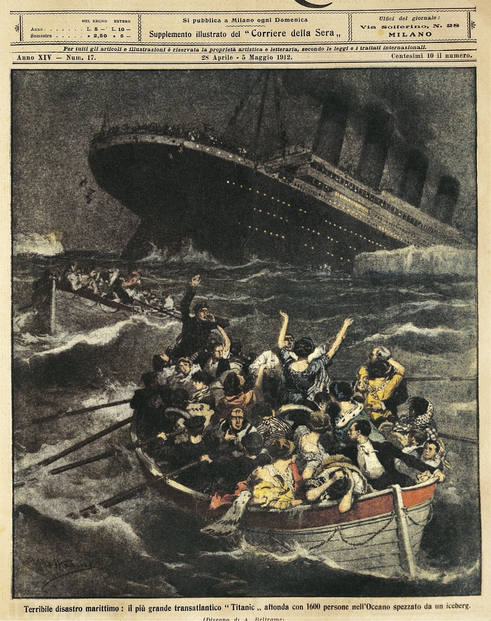 Groot-Brittannië, zinken van passagiersschip Titanic door Achille Beltrame