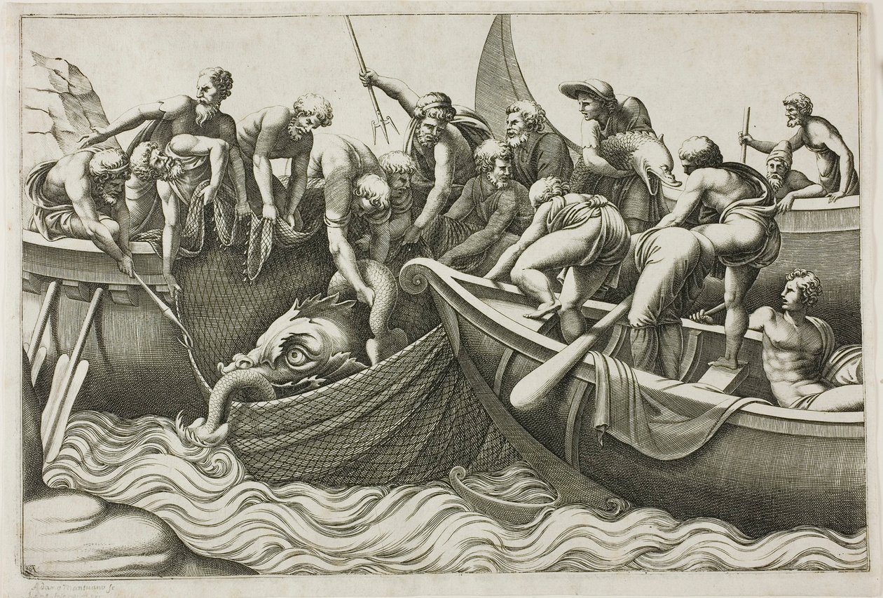 Vissers die een Zeemonster Vangen door Adamo Scultori