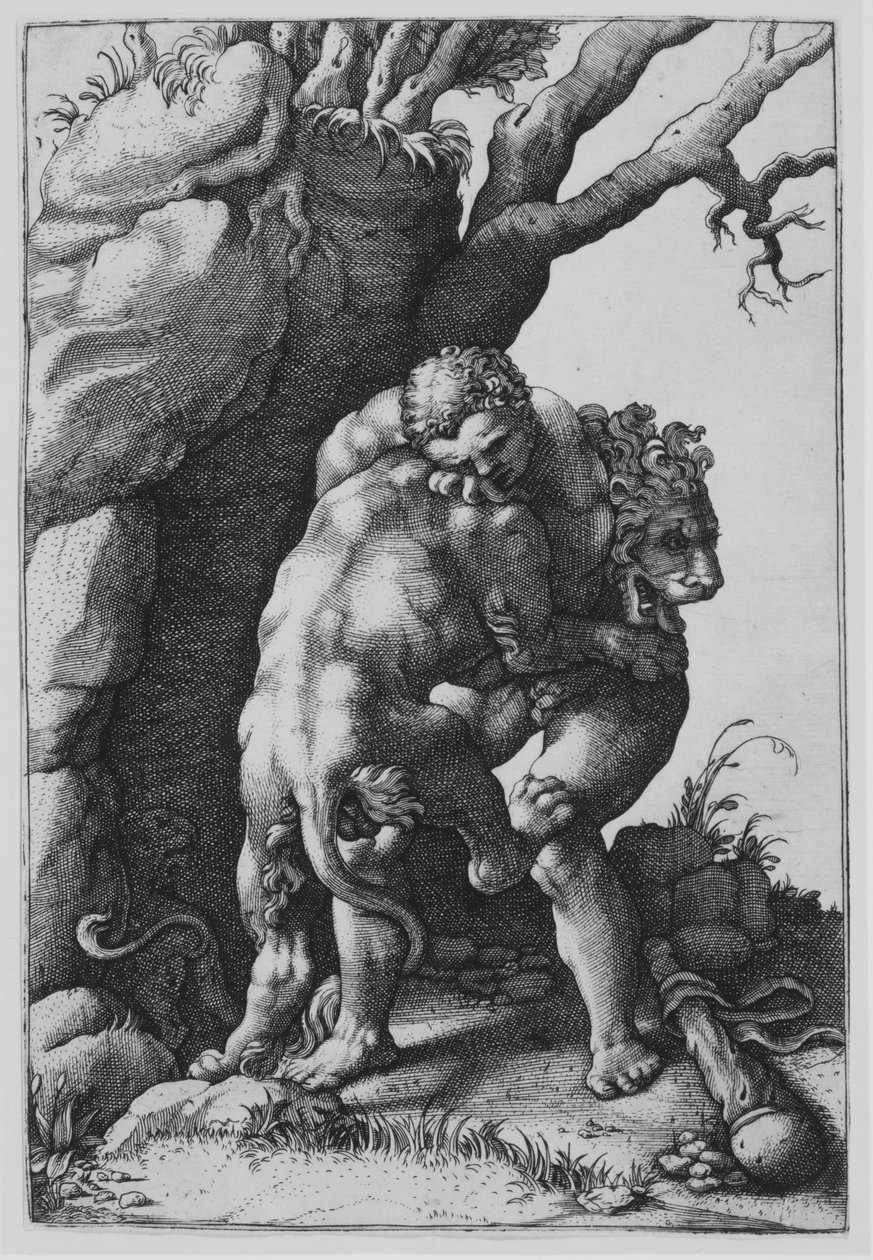 Hercules en de Nemeïsche Leeuw door Adamo Scultori