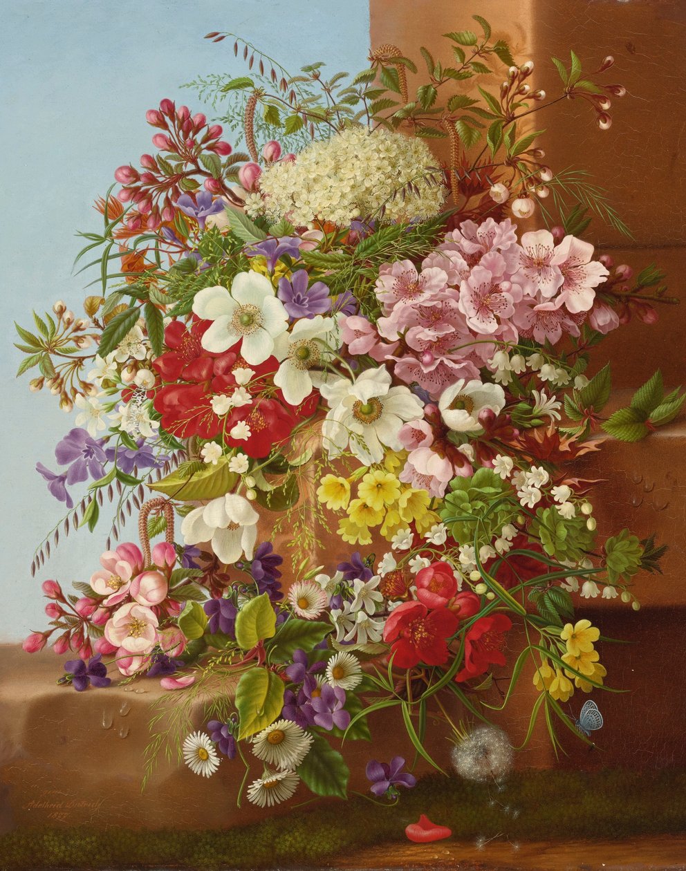 Een overvloed aan bloemen op een stenen rand door Adelheid Dietrich