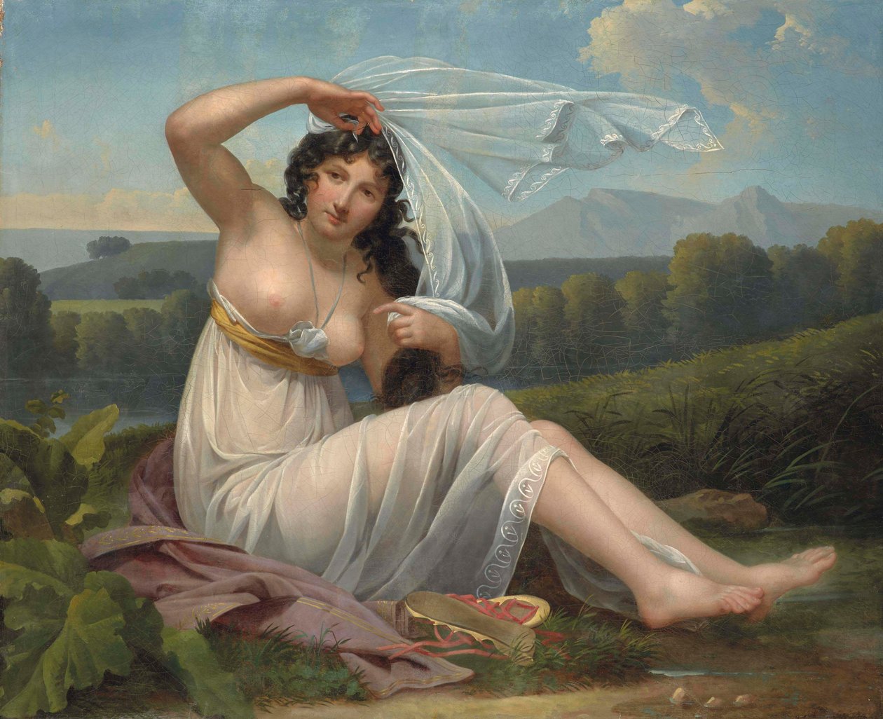 Jonge vrouw zittend in een landschap door Adèle Varillat