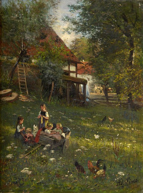Spelende kinderen in de Schwalm door Adolf Lins
