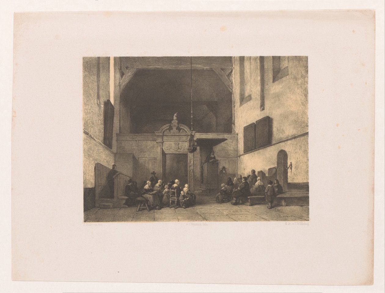 Kerkinterieur met figuren door Adolf Carel Nunnink