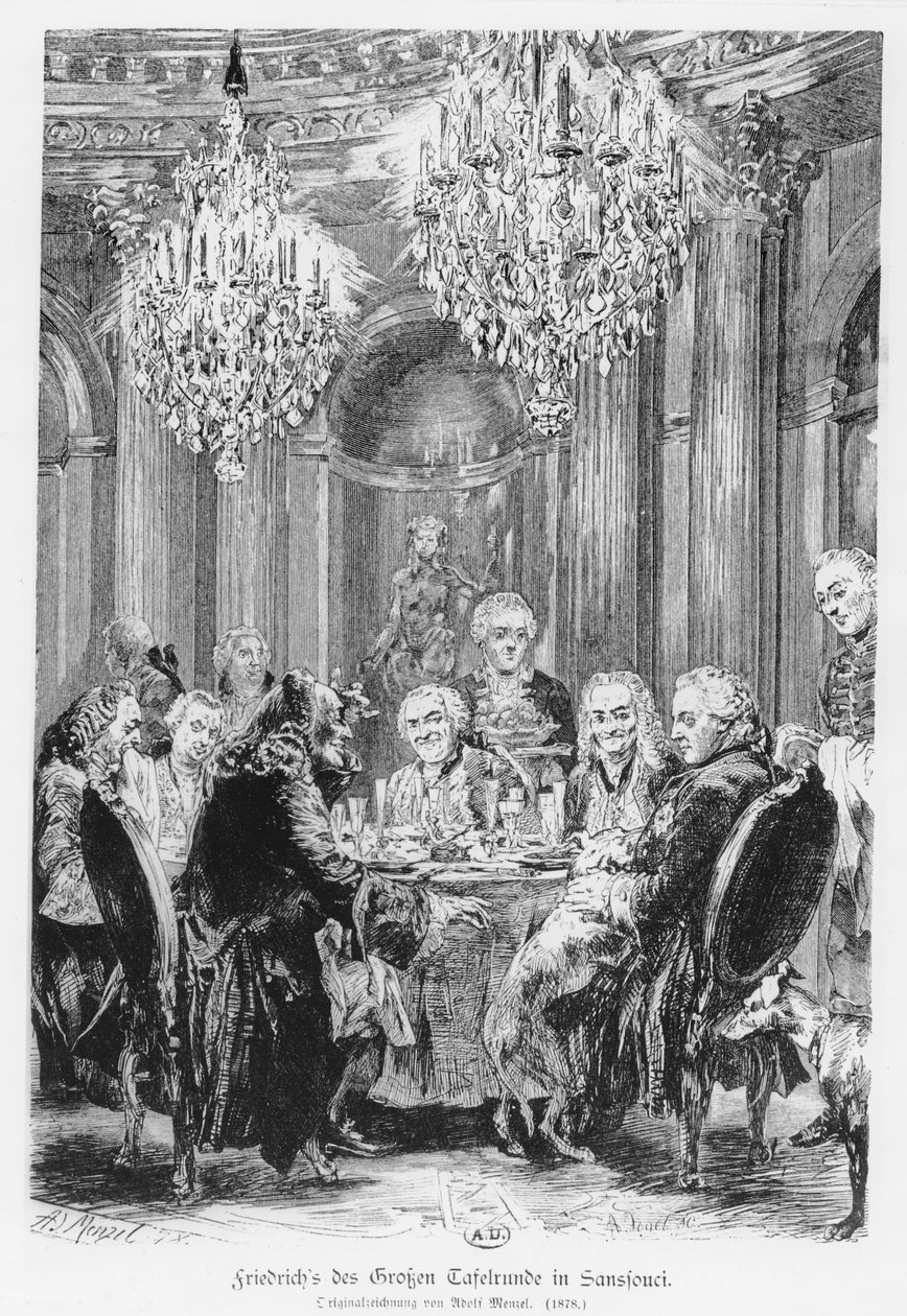 Voltaire zittend naast Koning Frederik II in het Château de Sans Souci, Potsdam, Duitsland, 1878 door Adolph Menzel