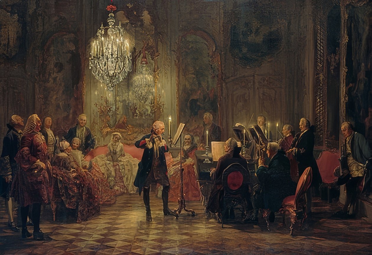 Fluitconcert van Frederik de Grote in Sanssouci door Adolph Menzel