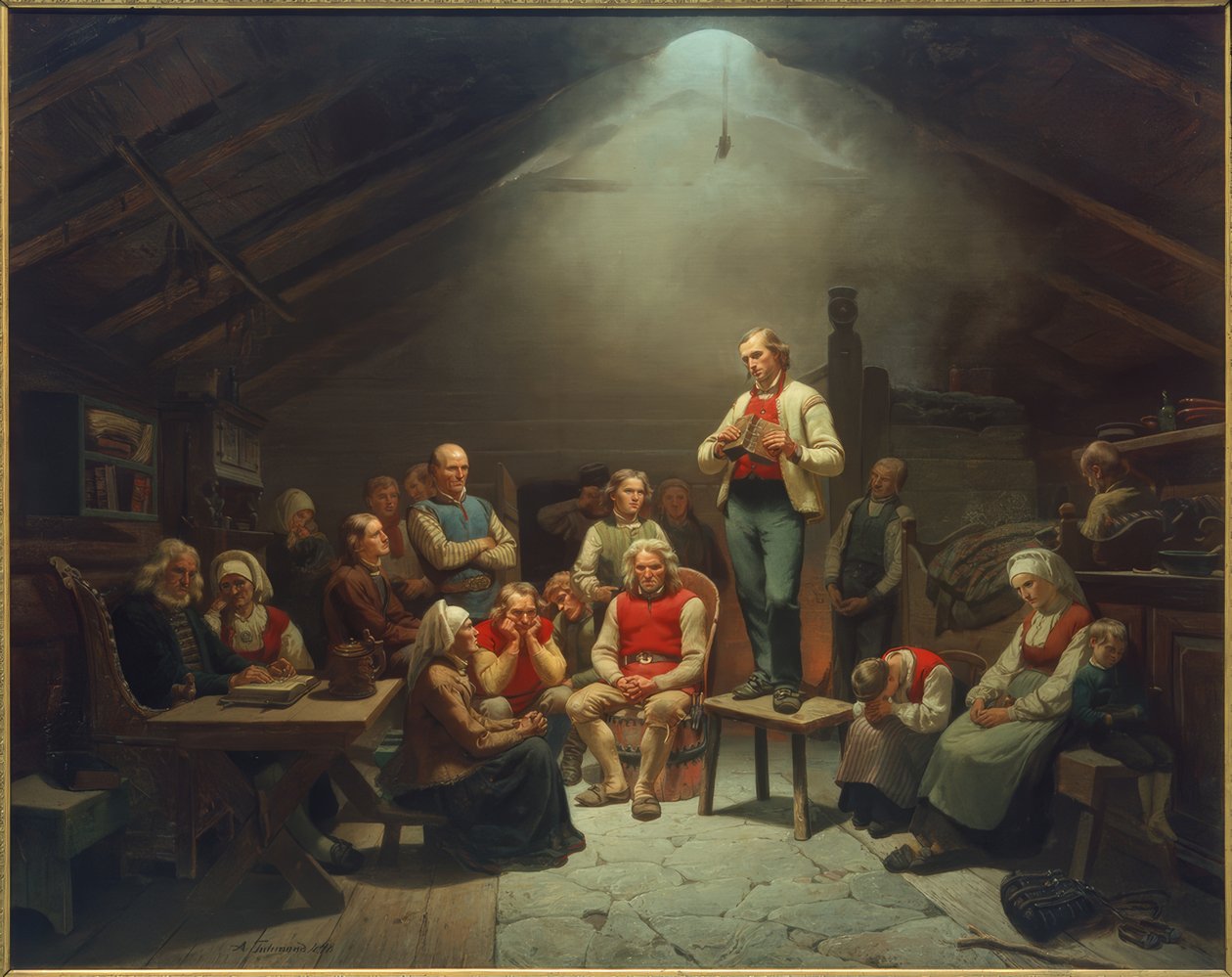 De devotie van de Haugianen door Adolph Tidemand