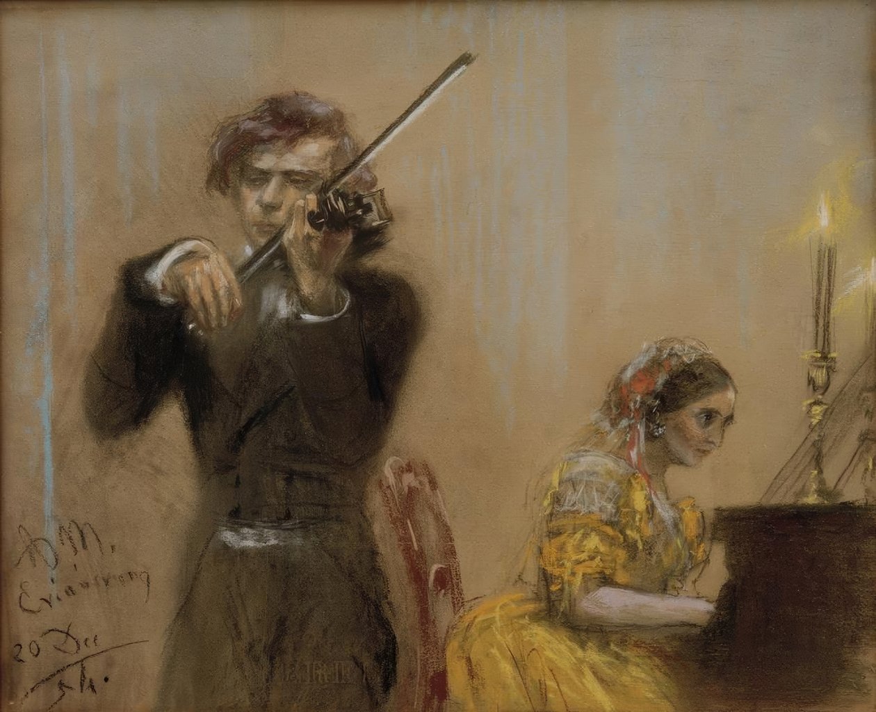 Clara Schumann en Joseph Joachim musiceren door Adolph Menzel
