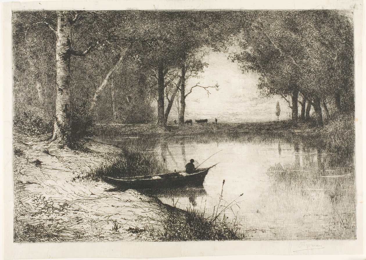 Visser in een boot aan de oever door Adolphe Appian