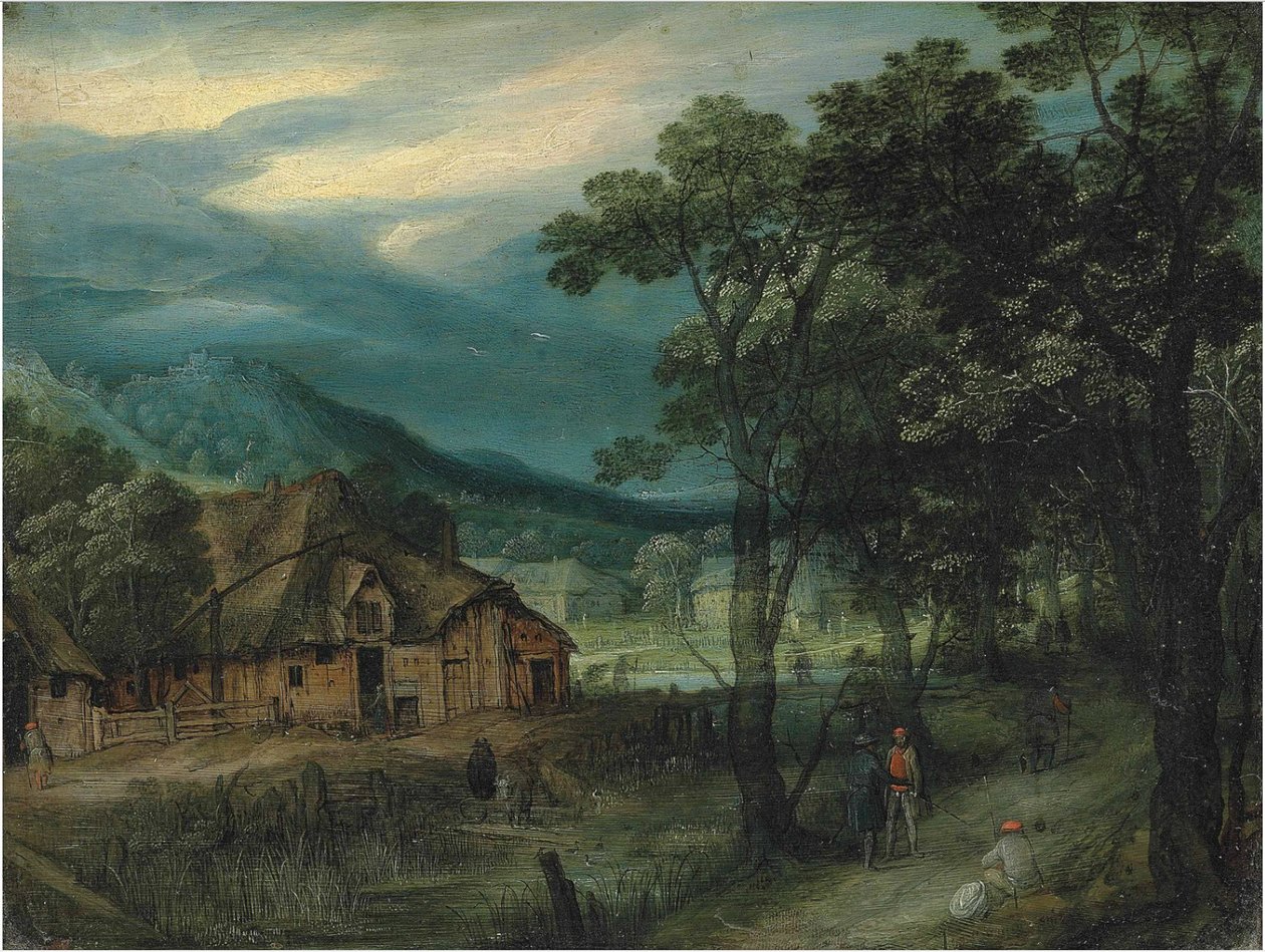 Een bosrijk landschap met reizigers op een pad bij een dorp door Adriaen van Stalbemt