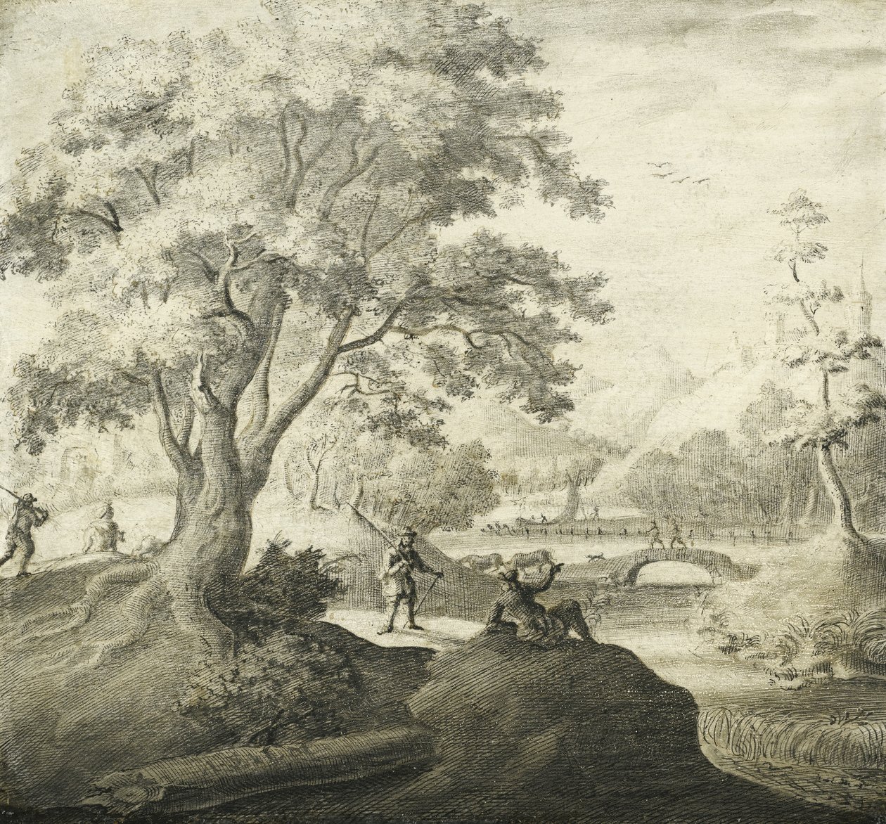 Rivierlandschappen met personen die langs een pad rusten door Adriaen van Salm