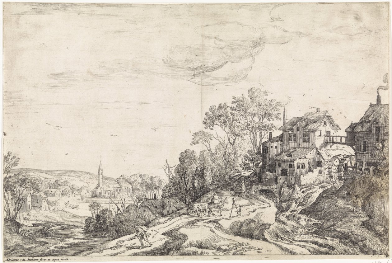Landschap met een molen door Adriaen van Stalbemt