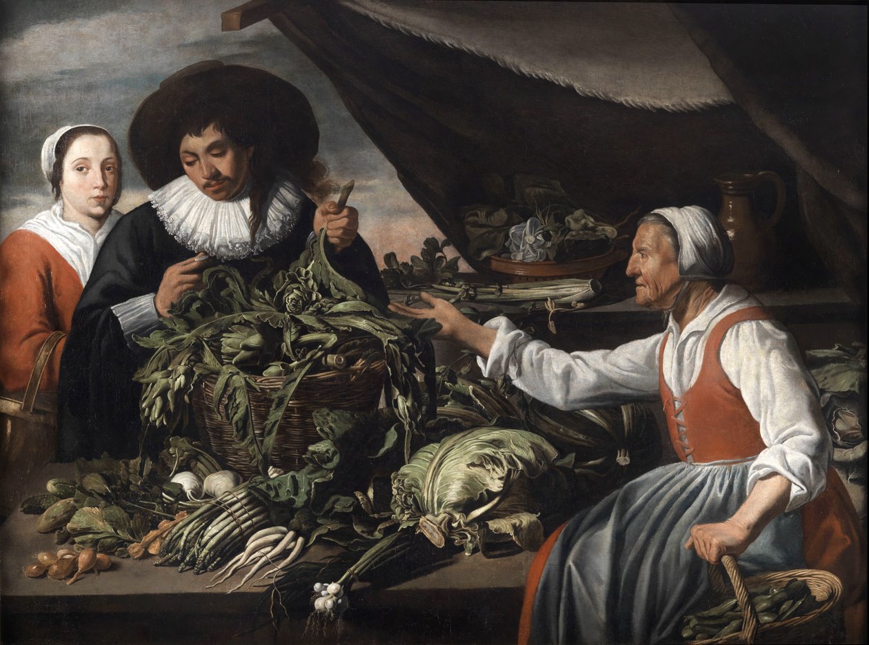 Oude groenteverkoopster door Adriaen van Utrecht