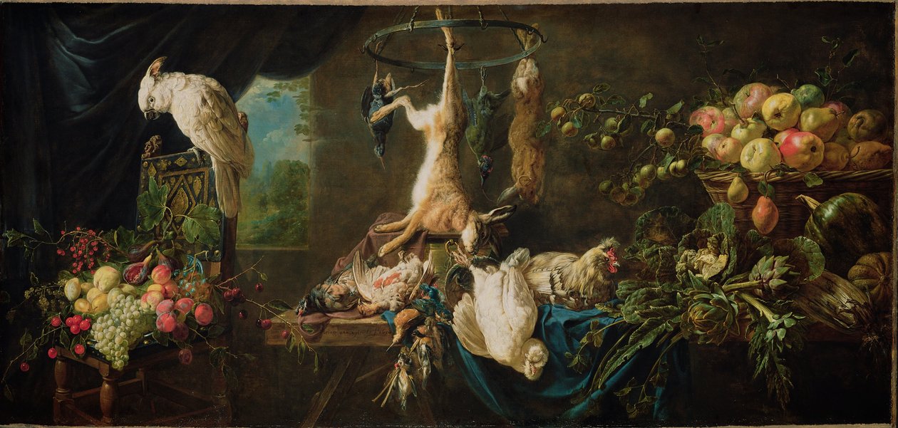 Stilleven: wild, groenten, fruit, kaketoe door Adriaen van Utrecht