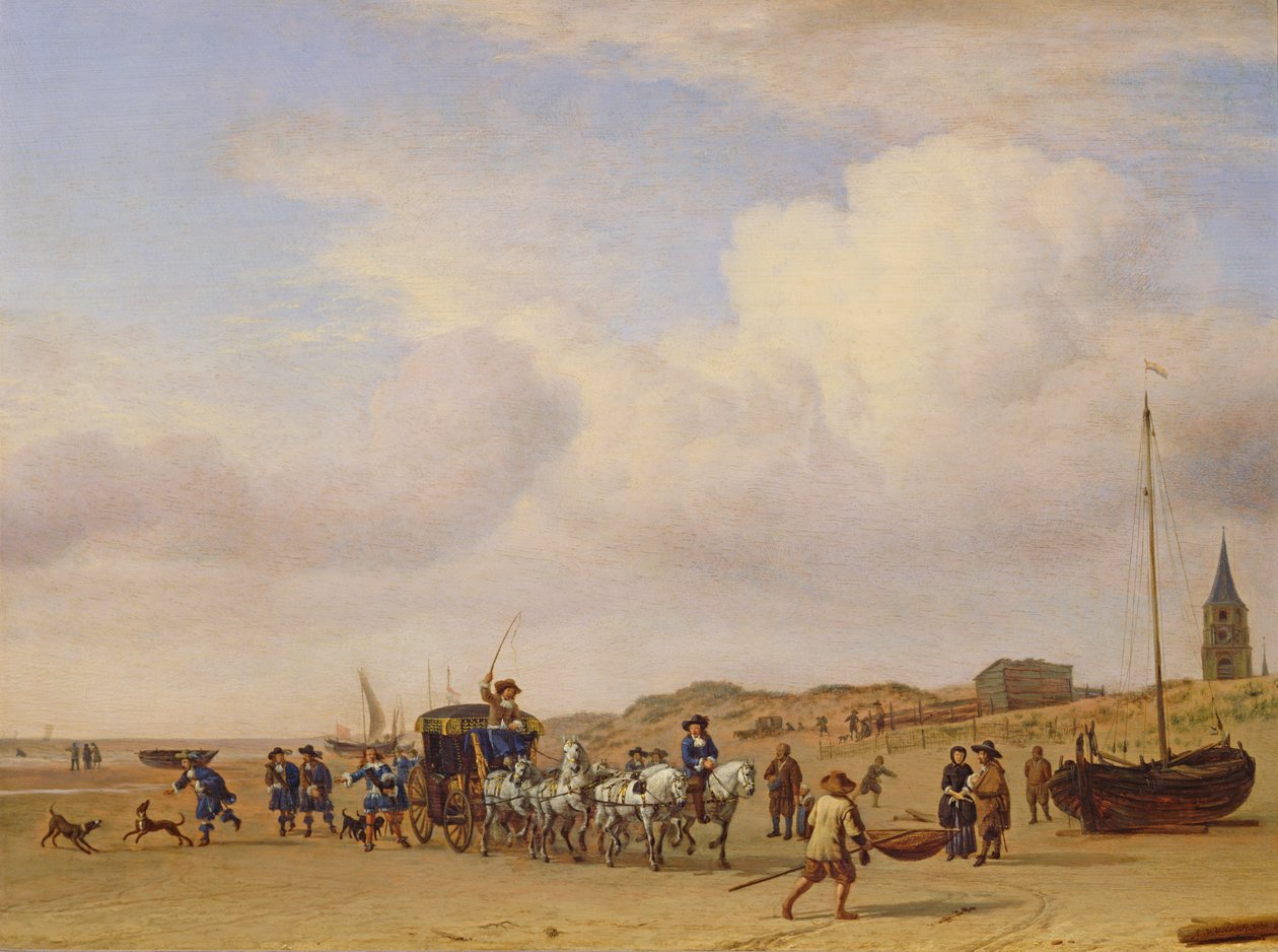 Adellijke Koets op het Strand van Scheveningen, 1660 door Adriaen van de Velde