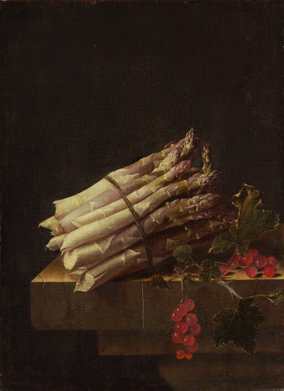 Stilleven met asperges en rode bessen door Adrian Coorte