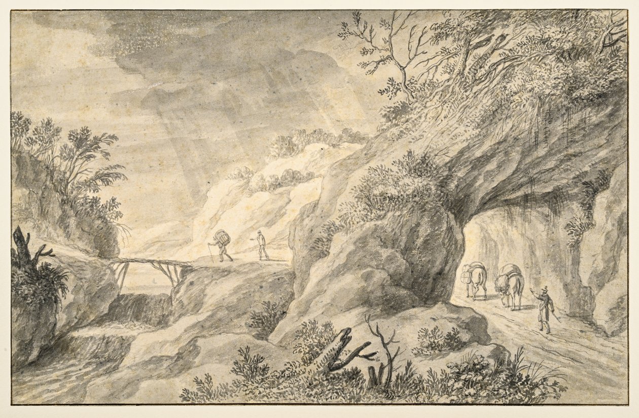 Rotsachtig landschap met weg door Adriaen I van Nieulandt