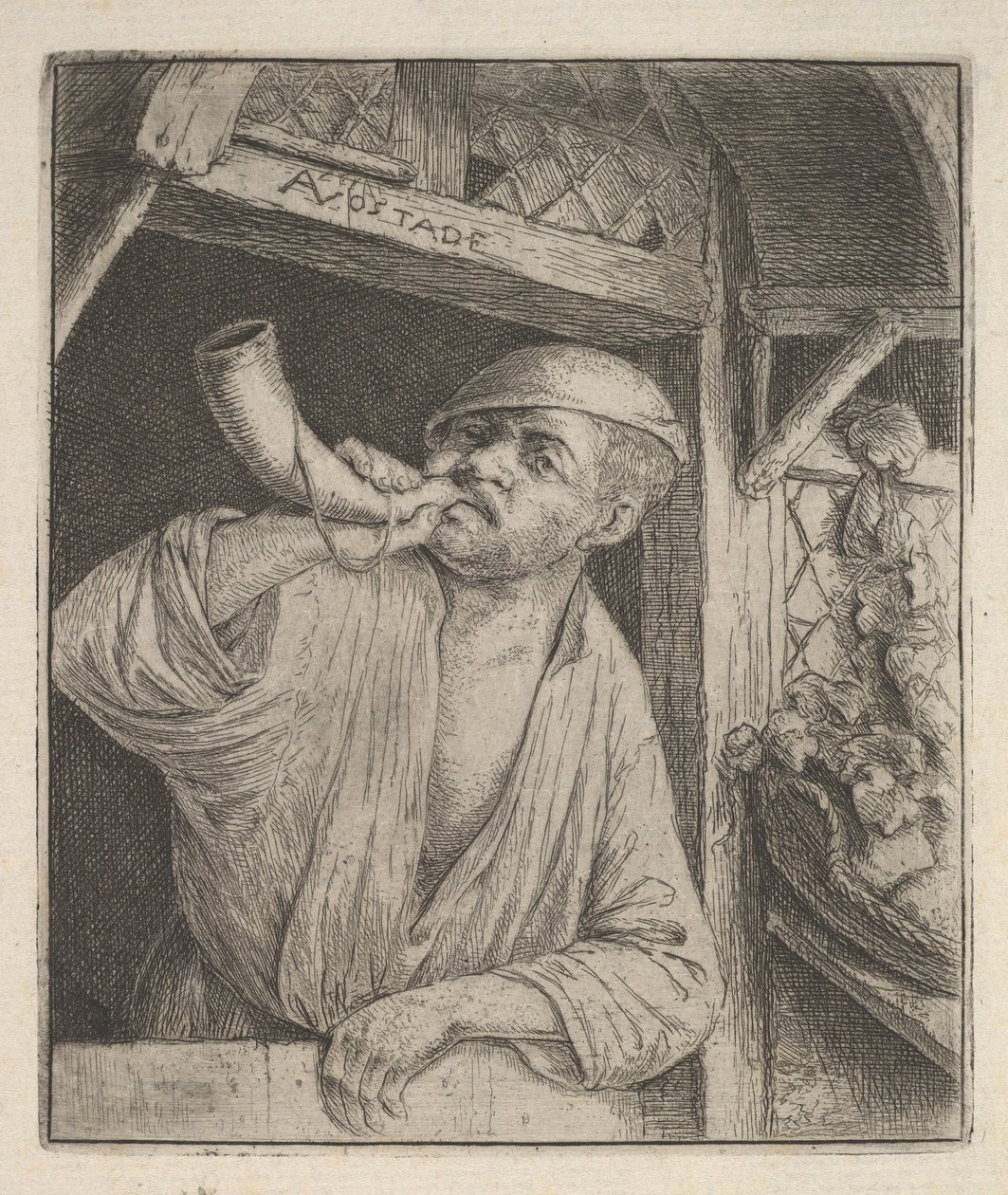 Bakker die op een hoorn blaast, 1610-85 door Adriaen Jansz. van Ostade