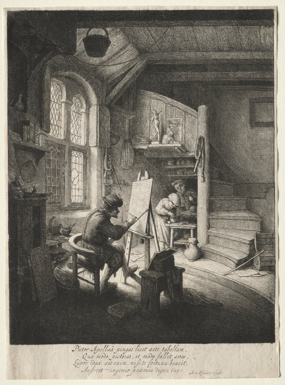 Het atelier van de schilder door Adriaen Jansz. van Ostade