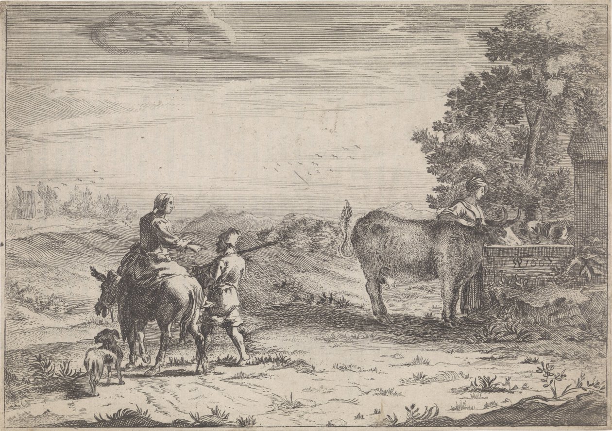 Landschap met vrouw die een koe drenkt door Adriaen Oudendijck