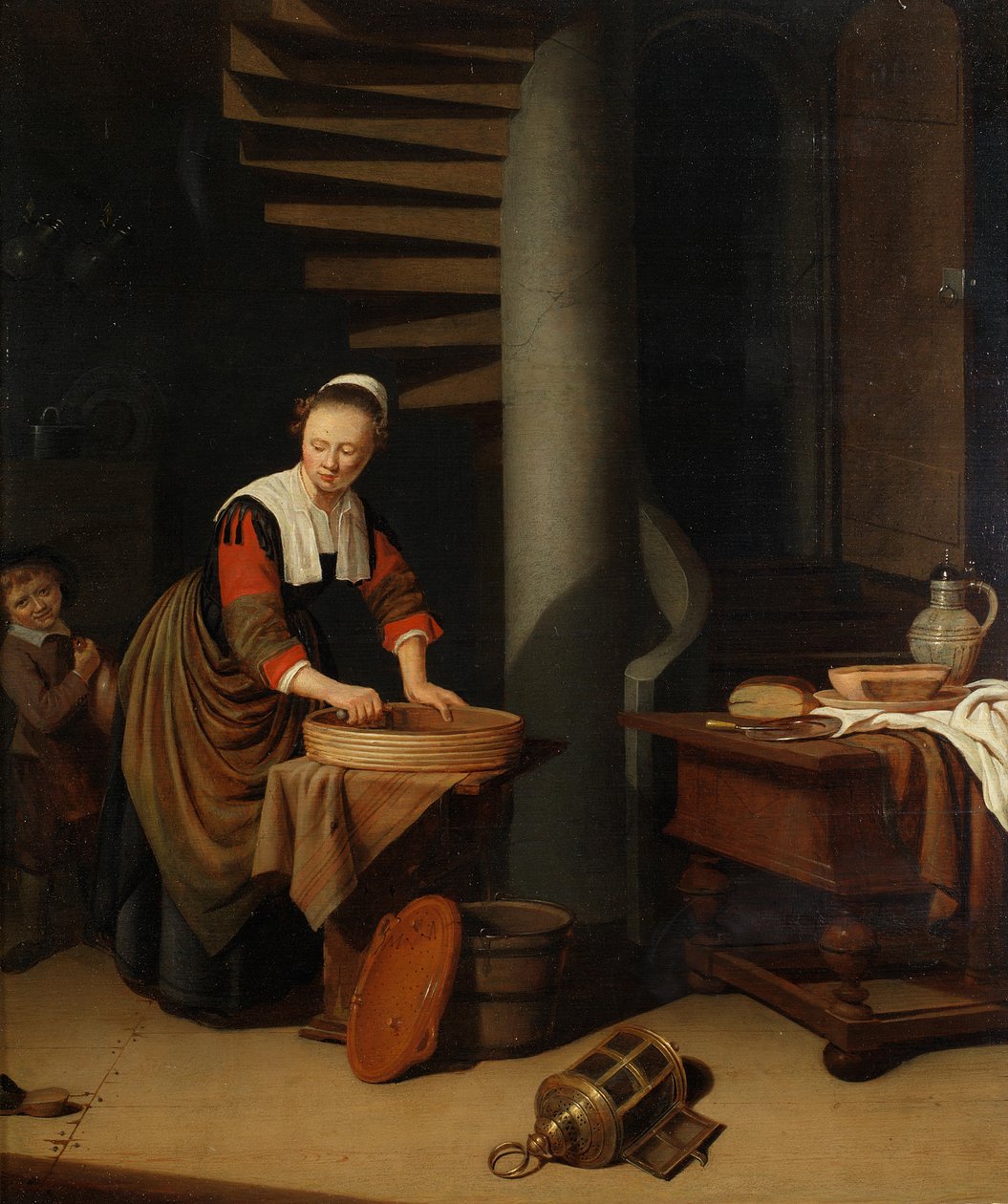 Een keukenmeid strijkt door Adriaen van Gaesbeeck