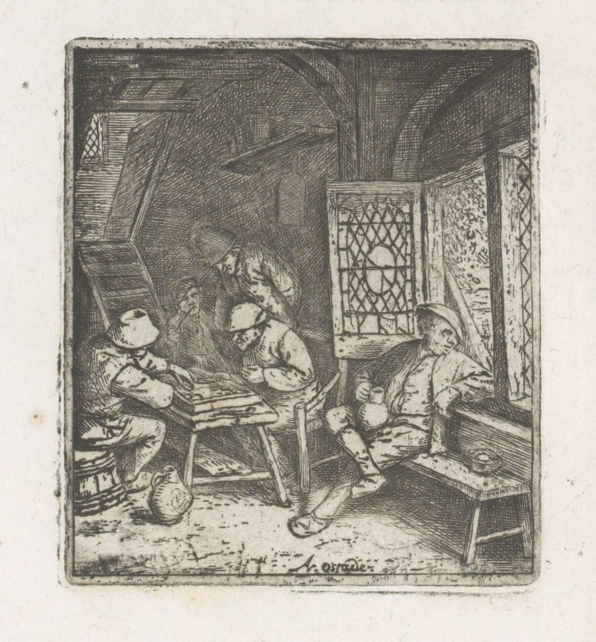 Boereninterieur met tric-trac spelers door Adriaen van Ostade