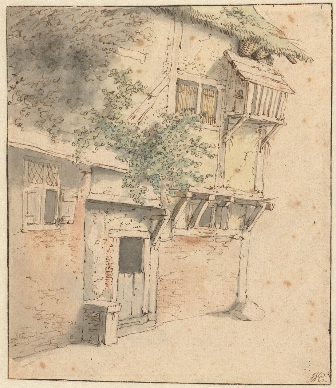 Gevel van een begroeid huis door Adriaen van Ostade