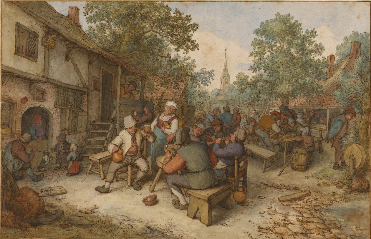 Boerenfeest in een stadsstraat door Adriaen van Ostade