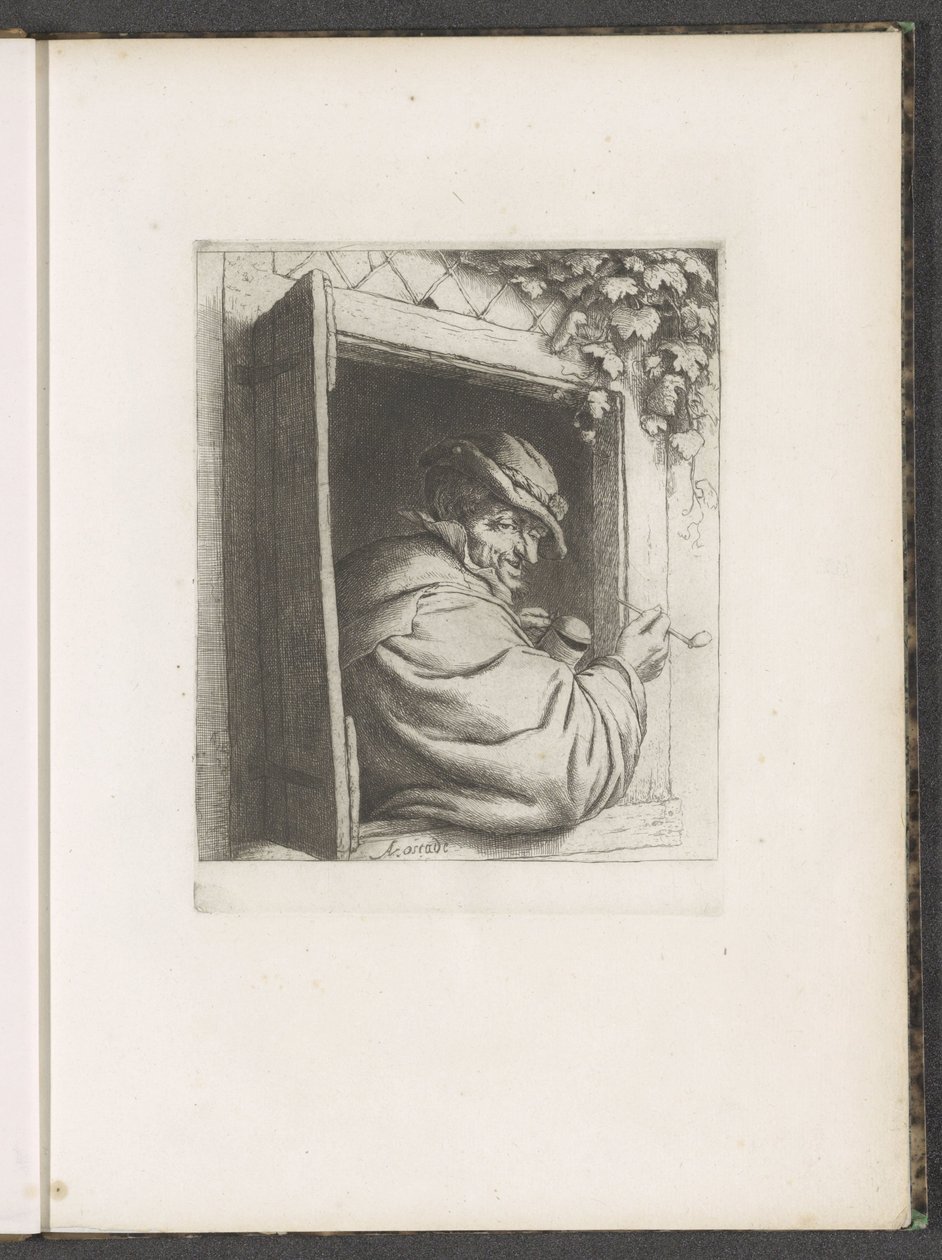 Rokende man in een raamopening door Adriaen van Ostade