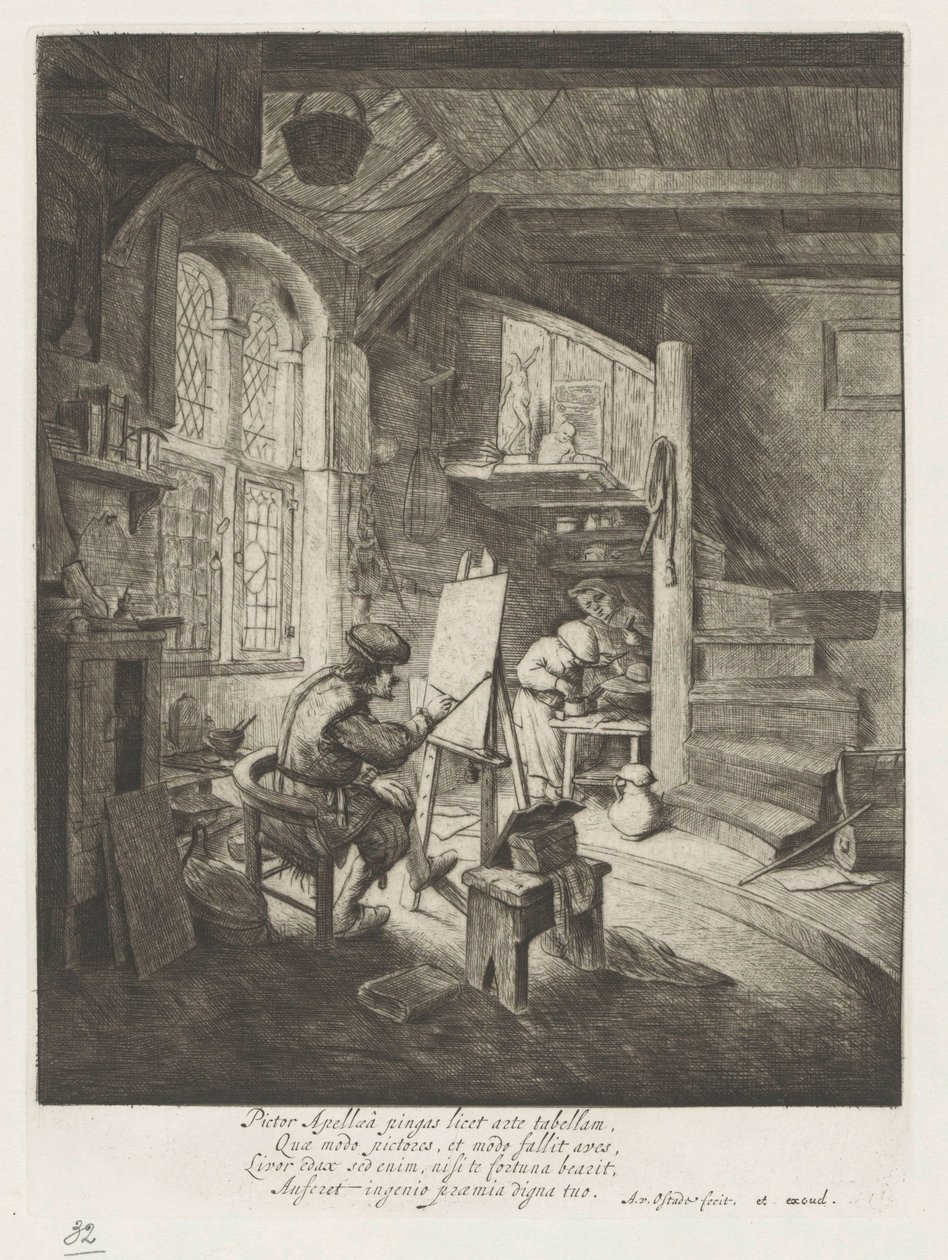 Schilder in zijn atelier door Adriaen van Ostade