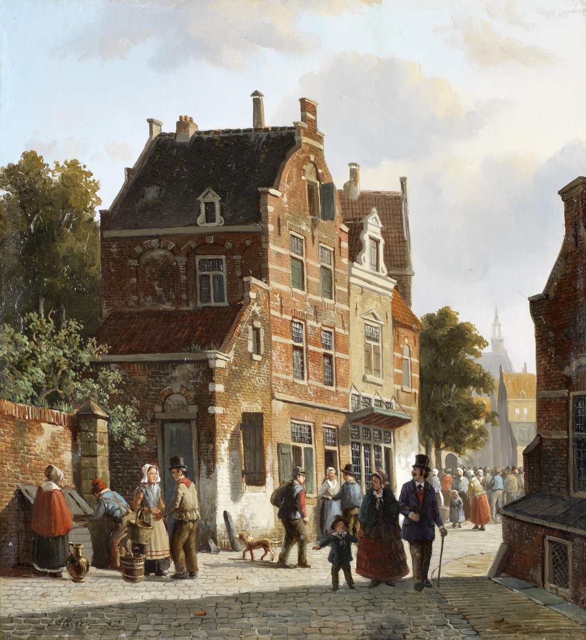 Figuren in een drukke straat door Adrianus Eversen