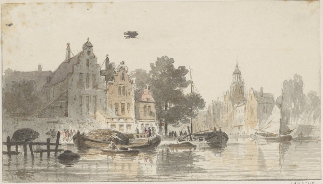 Stadsgezicht met kanaal door Adrianus Eversen