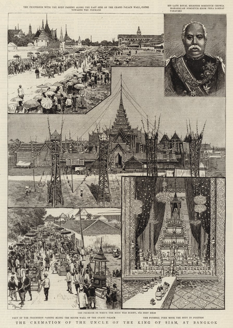 De crematie van de oom van de koning van Siam, in Bangkok door Adrien Emmanuel Marie