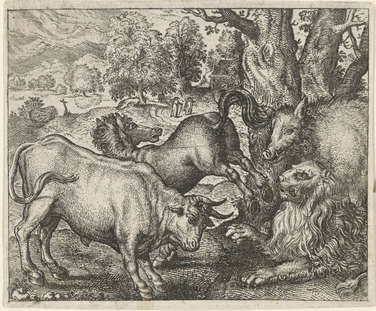 Fabel van de oude leeuw door Egidius  Sadeler (II)