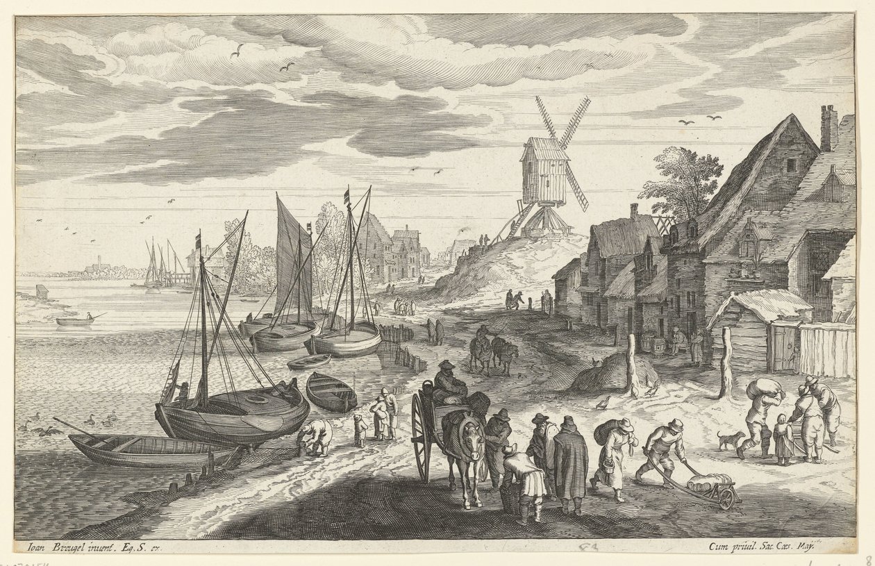 Landschap aan de kust met windmolen door Egidius  Sadeler (II)